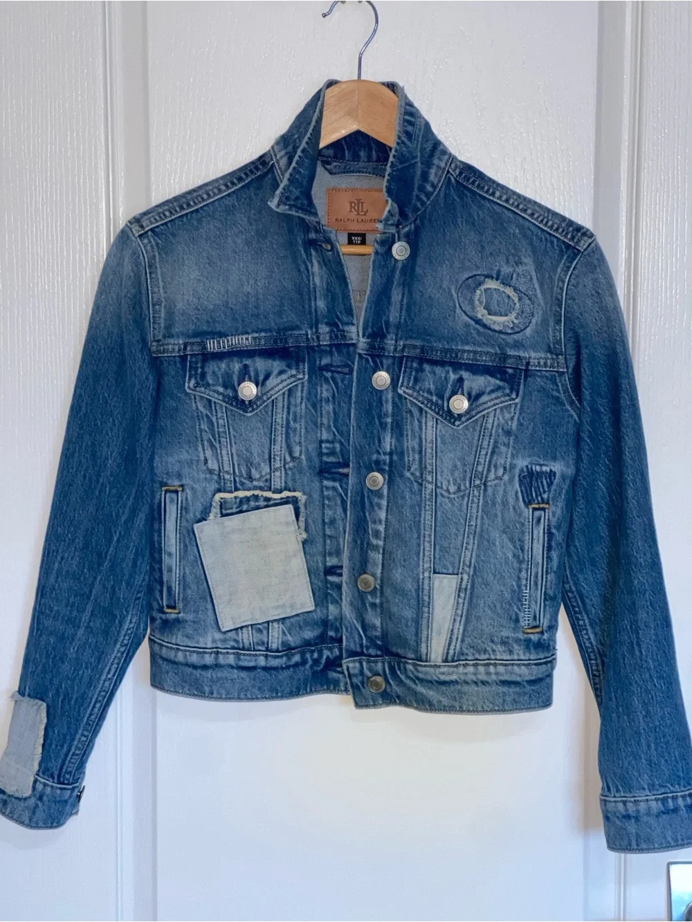 RALPH LAUREN Womens Patchwork Big Logo Denim Jacket Blue XXS Crop Distressed - Picture 6 of 10